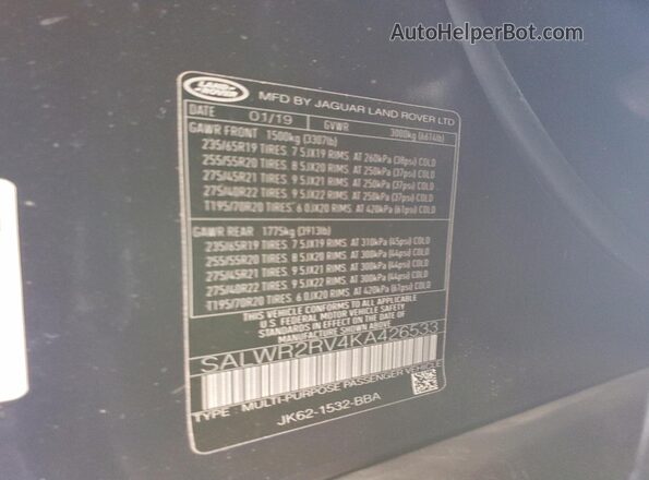 SALWR2RV4KA426533 2019 LAND ROVER RANGE Blue Widok komory silnika