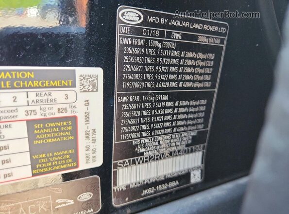 SALWR2RV6JA401194 2018 LAND ROVER RANGE Black Widok naklejki z numerem VIN
