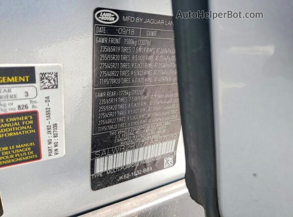 SALWR2RV7KA827039 2019 LAND ROVER RANGE Silver Vista de la etiqueta del VIN
