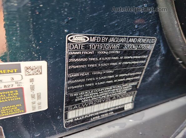 SALWR2RY2LA700923 2020 LAND ROVER RANGE Green VIN კოდის სტიკერის ხედი