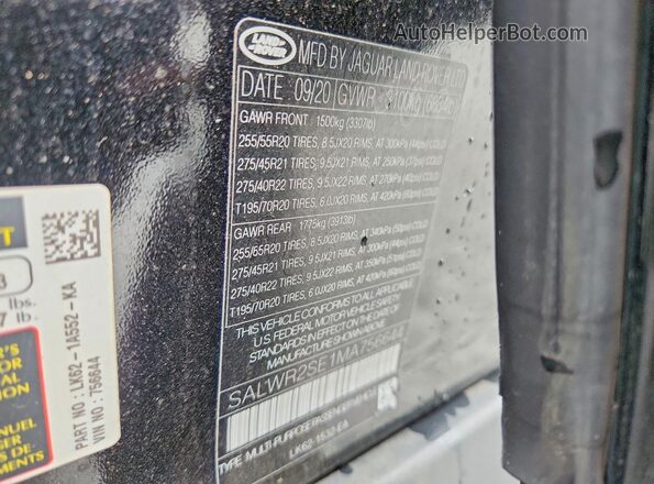 SALWR2SE1MA756644 2021 LAND ROVER RANGE Black VIN კოდის სტიკერის ხედი