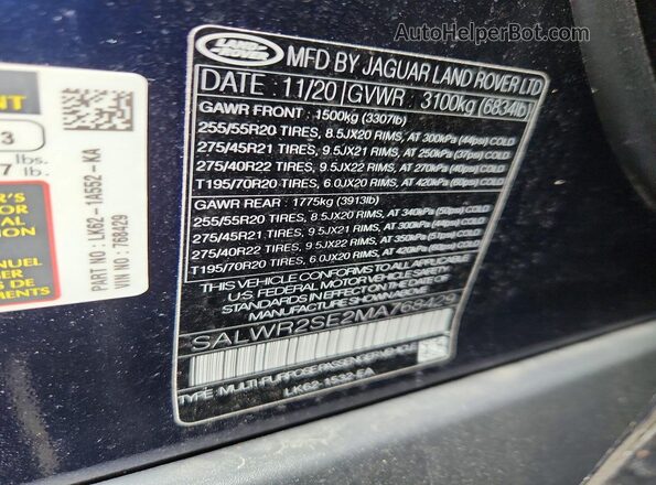 SALWR2SE2MA768429 2021 LAND ROVER RANGE Blue Вид наклейки з VIN-кодом