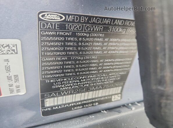 SALWR2SE3MA759268 2021 LAND ROVER RANGE Gray VIN կոդի պիտակի տեսք