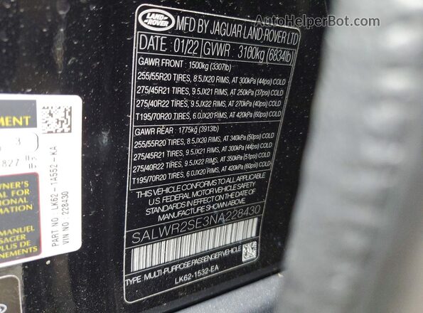 SALWR2SE3NA228430 2022 LAND ROVER RANGE Black Widok naklejki z numerem VIN