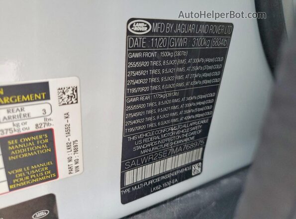 SALWR2SE7MA768975 2021 LAND ROVER RANGE White Vista interior de 360 grados