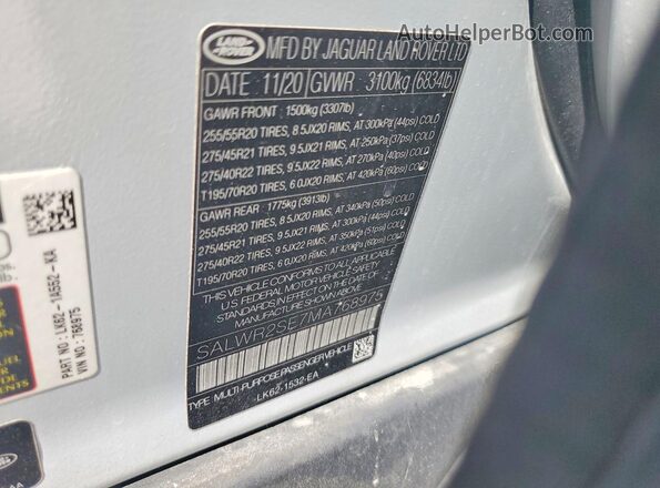 SALWR2SE7MA768975 2021 LAND ROVER RANGE White VIN sticker view