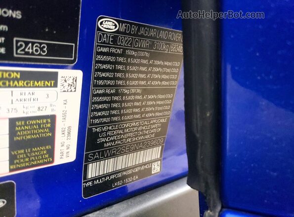 SALWR2SE9NA239609 2022 LAND ROVER RANGE Blue Панорамний вид салону 360°