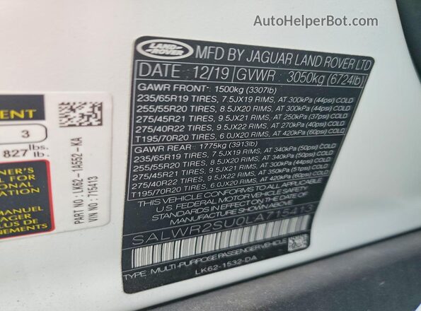 SALWR2SU0LA715413 2020 LAND ROVER RANGE White 