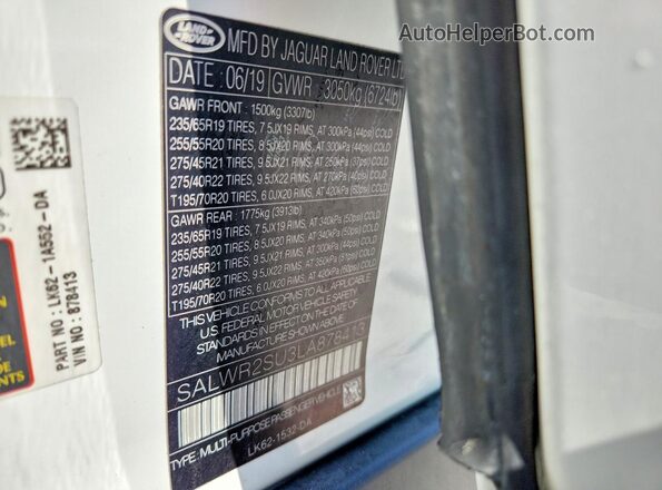 SALWR2SU3LA878413 2020 LAND ROVER RANGE White Вид наклейки з VIN-кодом