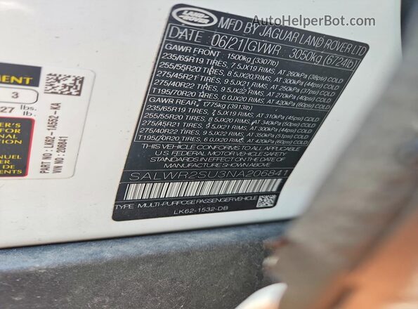 SALWR2SU3NA206841 2022 LAND ROVER RANGE White Вид наклейки з VIN-кодом