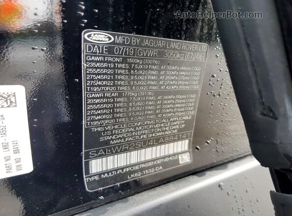 SALWR2SU4LA884141 2020 LAND ROVER RANGE Black VIN sticker view