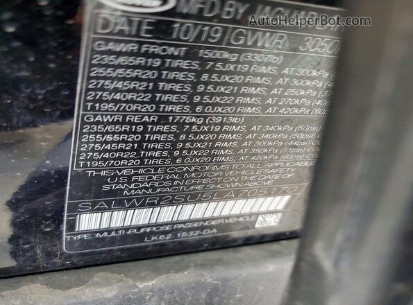 SALWR2SU5LA705170 2020 LAND ROVER RANGE Black Вид наклейки з VIN-кодом