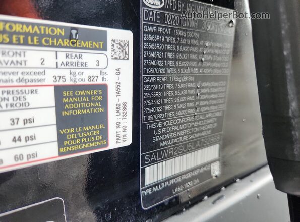 SALWR2SU5LA732868 2020 LAND ROVER RANGE Черный Вид наклейки с VIN-кодом