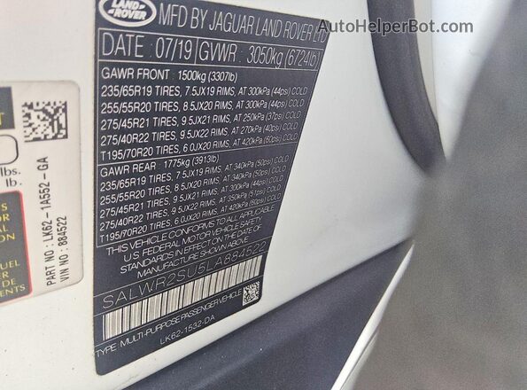 SALWR2SU5LA884522 2020 LAND ROVER RANGE White Widok naklejki z numerem VIN