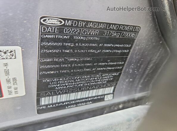 SALWR2SU6NA234309 2022 LAND ROVER RANGE Silver Вид наклейки з VIN-кодом
