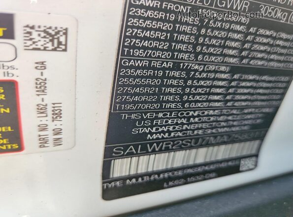 SALWR2SU7MA758311 2021 LAND ROVER RANGE White Vista del compartimento del motor