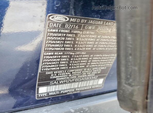 SALWR2VF6GA583342 2016 LAND ROVER RANGE Синий Вид наклейки с VIN-кодом