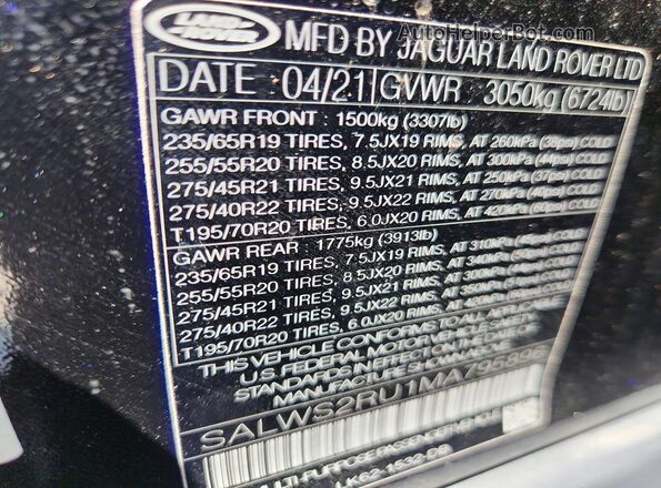 SALWS2RU1MA795896 2021 LAND ROVER RANGE Black Vista de la etiqueta del VIN