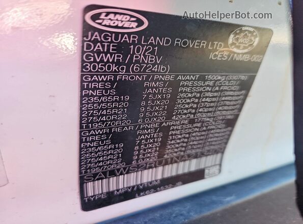 SALWS2RU1NA213409 2022 LAND ROVER RANGE White VIN կոդի պիտակի տեսք