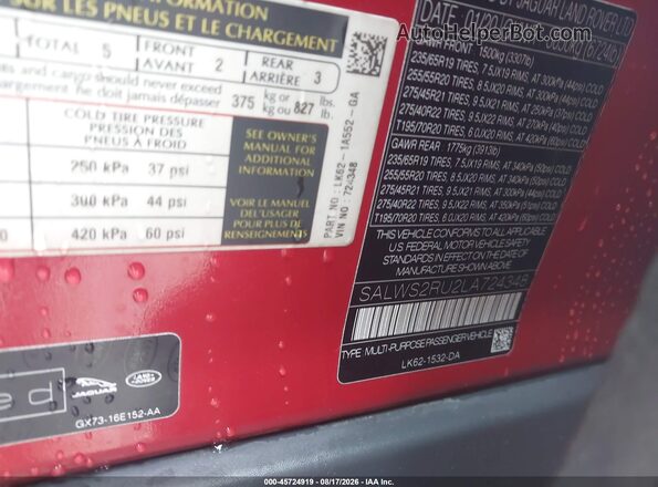 SALWS2RU2LA724348 2020 LAND ROVER RANGE ROVER SPORT Red Вид підкапотного простору
