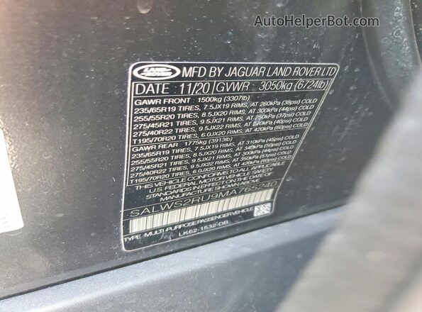 SALWS2RU9MA765240 2021 LAND ROVER RANGE Charcoal Vista de la etiqueta del VIN