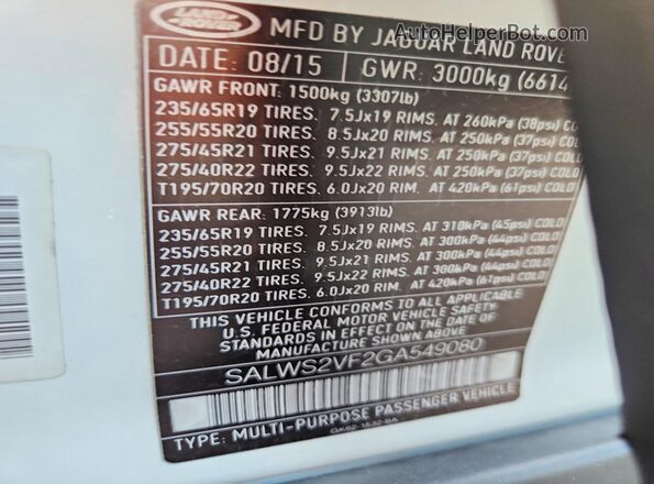 SALWS2VF2GA549080 2016 LAND ROVER RANGE Белый Вид наклейки с VIN-кодом