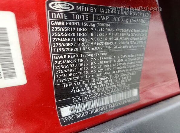 SALWS2VF3GA561772 2016 LAND ROVER RANGE Red Vista interior de 360 grados