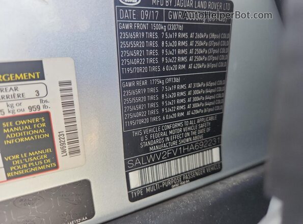 SALWV2FV1HA692231 2017 LAND ROVER RANGE Silver VIN կոդի պիտակի տեսք