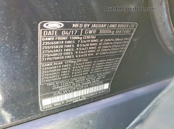 SALWV2FV2HA150409 2017 LAND ROVER RANGE ROVER Черный Панорамный вид салона 360°