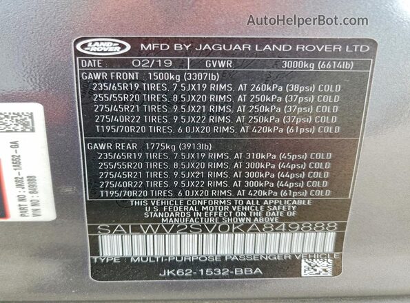 SALWV2SV0KA849888 2019 LAND ROVER RANGE Gray 360 interior view