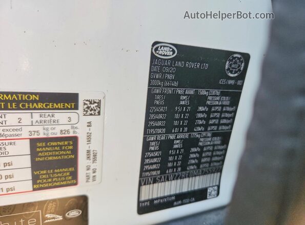 SALWZ2RE0MA755927 2021 LAND ROVER RANGE White Widok wnętrza 360 stopni