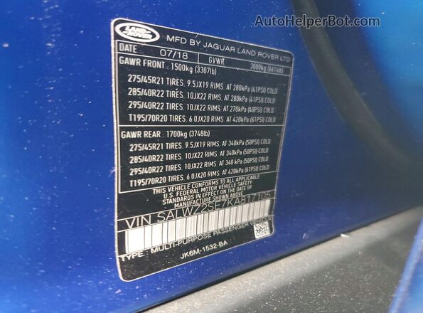 SALWZ2SE7KA817105 2019 LAND ROVER RANGE Blue VIN կոդի պիտակի տեսք