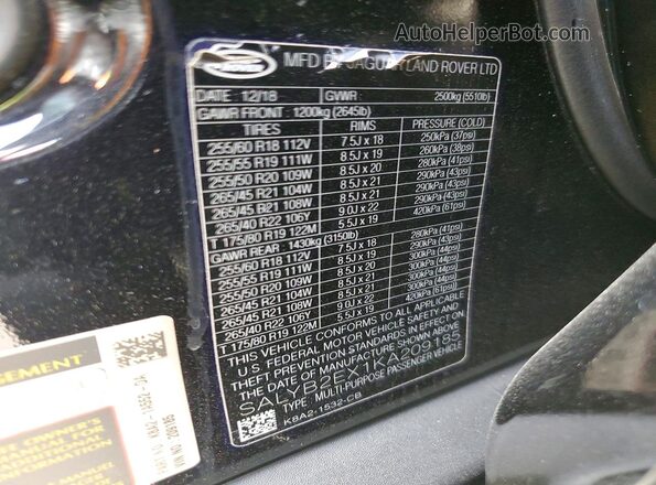 SALYB2EX1KA209185 2019 LAND ROVER RANGE Black 