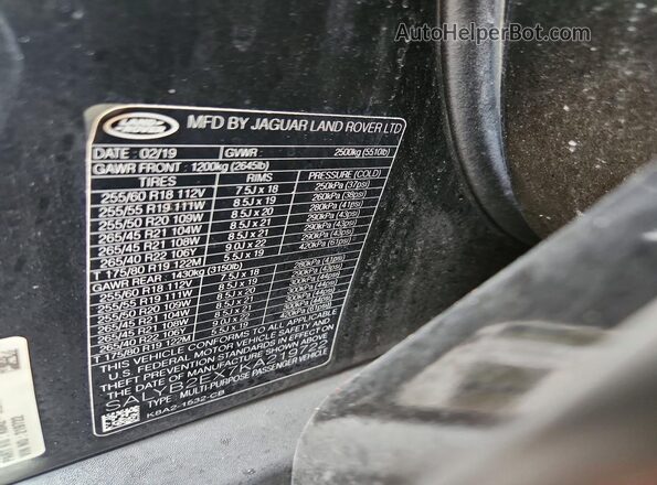 SALYB2EX7KA219722 2019 LAND ROVER RANGE Черный Вид наклейки с VIN-кодом
