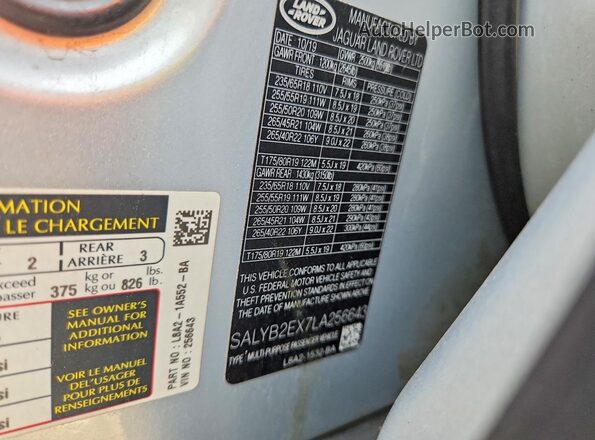 SALYB2EX7LA256643 2020 LAND ROVER RANGE Silver Widok naklejki z numerem VIN