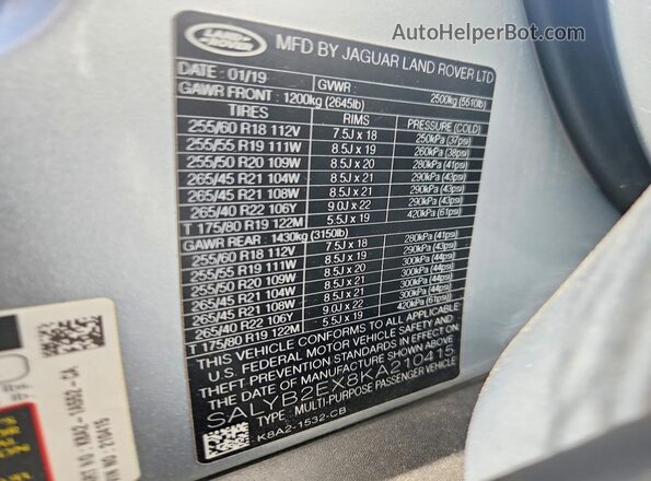 SALYB2EX8KA210415 2019 LAND ROVER RANGE Silver Engine compartment view