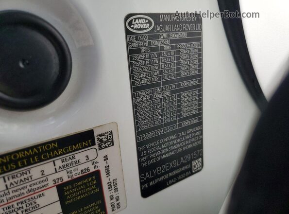 SALYB2EX9LA291572 2020 LAND ROVER RANGE White Вид наклейки з VIN-кодом