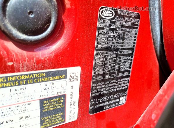 SALYB2EXXLA274165 2020 LAND ROVER RANGE Red VIN კოდის სტიკერის ხედი