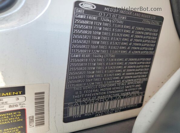 SALYB2RV1JA755833 2018 LAND ROVER RANGE White VIN կոդի պիտակի տեսք