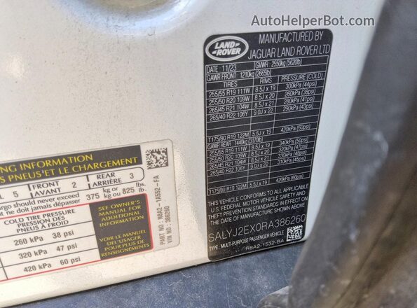 SALYJ2EX0RA386260 2024 LAND ROVER RANGE White Vista de la etiqueta del VIN