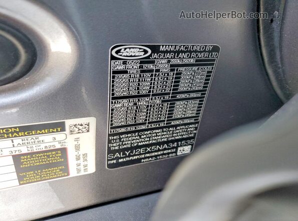 SALYJ2EX5NA341535 2022 LAND ROVER RANGE Gray Vista de la etiqueta del VIN