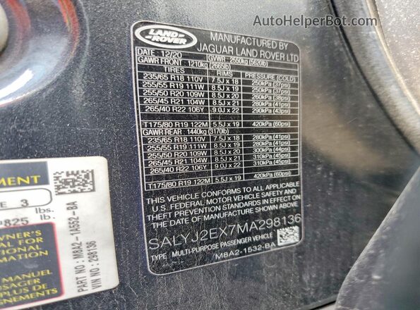 SALYJ2EX7MA298136 2021 LAND ROVER RANGE Black Widok wnętrza 360 stopni