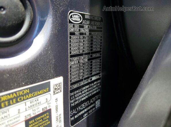 SALYK2EX0LA287815 2020 LAND ROVER RANGE Gray Панорамний вид салону 360°