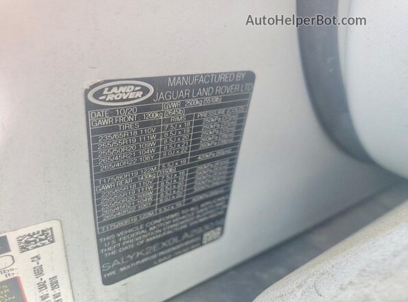 SALYK2EX0LA293016 2020 LAND ROVER RANGE White VIN კოდის სტიკერის ხედი