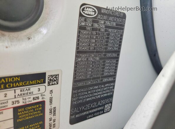 SALYK2EX2LA293826 2020 LAND ROVER RANGE White VIN კოდის სტიკერის ხედი