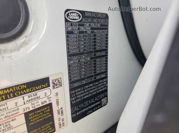 SALYK2EX4LA239976 2020 LAND ROVER RANGE White VIN sticker view