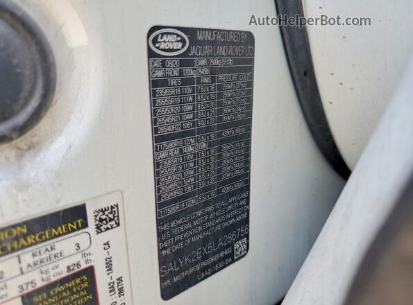SALYK2EX5LA286756 2020 LAND ROVER RANGE White Սալոնի 360 աստիճան տեսք