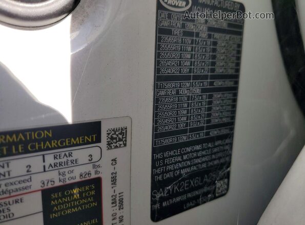 SALYK2EX6LA250011 2020 LAND ROVER RANGE Белый Вид наклейки с VIN-кодом