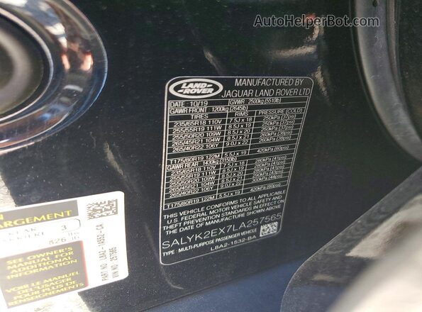SALYK2EX7LA257565 2020 LAND ROVER RANGE Black Widok wnętrza 360 stopni