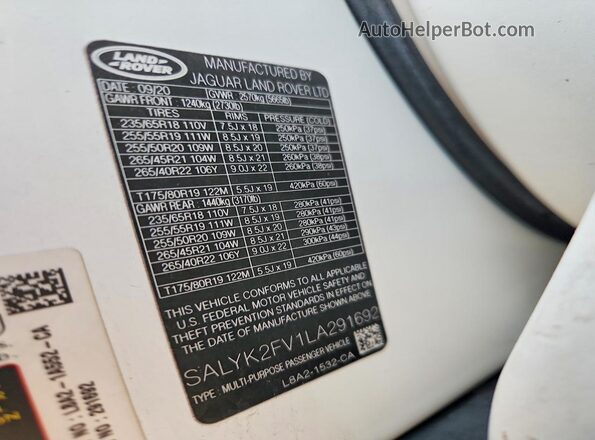 SALYK2FV1LA291692 2020 LAND ROVER RANGE Белый Вид наклейки с VIN-кодом